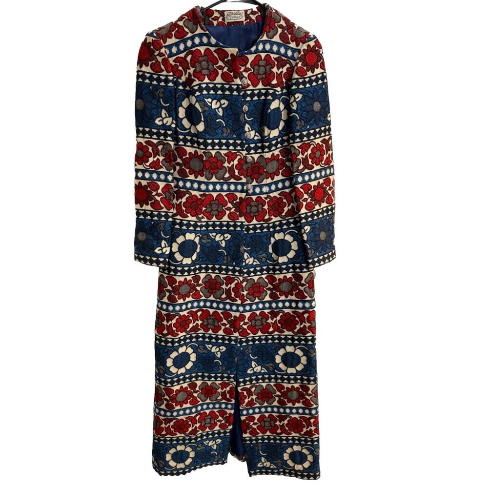 Vintage The Villager Tapestry Maxi Coat 60's Blue Red Floral Long Boho Lined XS